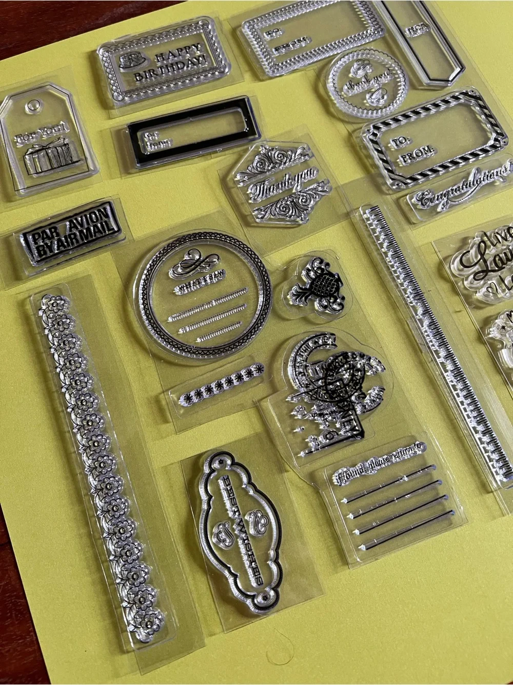 Acrylic Cling Rubber Stamps Lot of 21 Greetings Tags Travel Mail